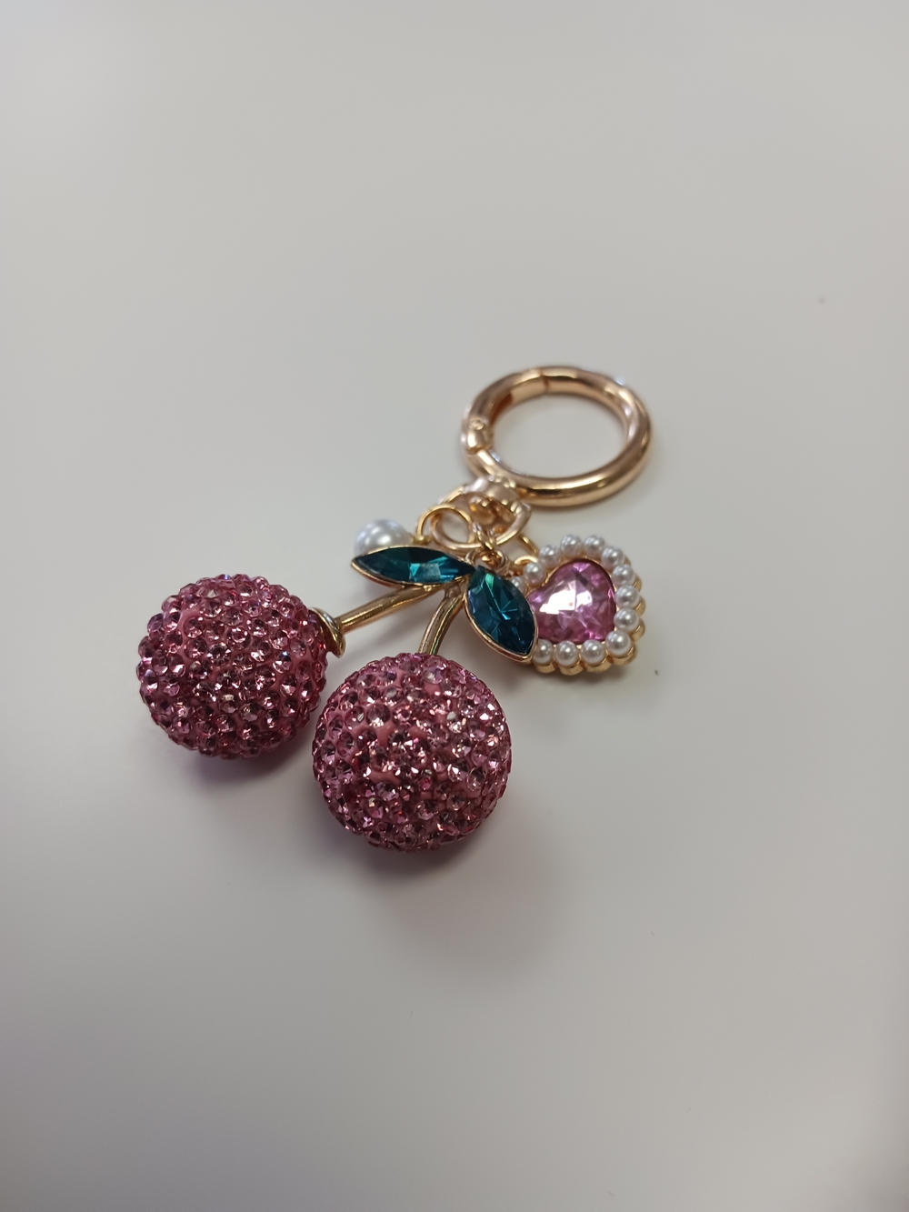 Pink Cherry Keychain with Heart Charm - Picture 8 of 10